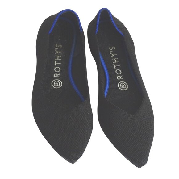 Rothys The Point Toe Knit Ballet Flats Shoes Black With Blue Trim Women Size 8 - Picture 1 of 7